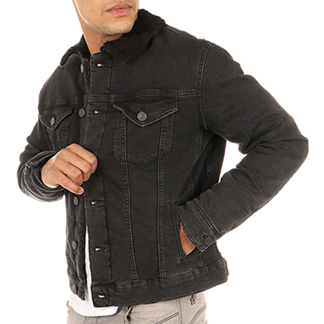 Selected - Veste Jean Avec Col Mouton Teddy Noir ...