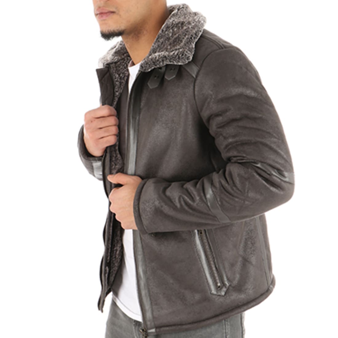 Celio - Veste Zippée Col Fourrure Jubombard Gris ...
