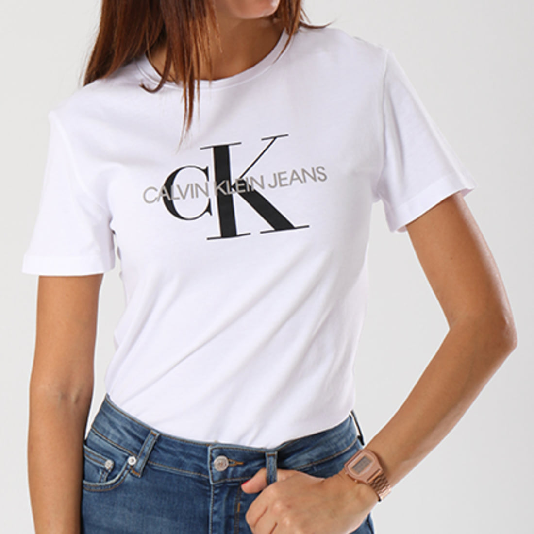 Calvin Klein Tee Shirt Femme Core Monogram Logo 7878 Blanc Calvin Klein Tee Shirt Femme Core Monogram Logo 7878 Blanc