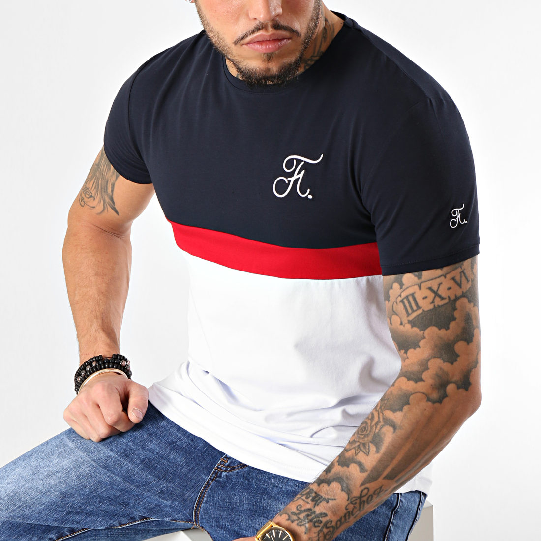 Final Club Tee Shirt Premium Fit Tricolore Avec Broderie 089 Bleu