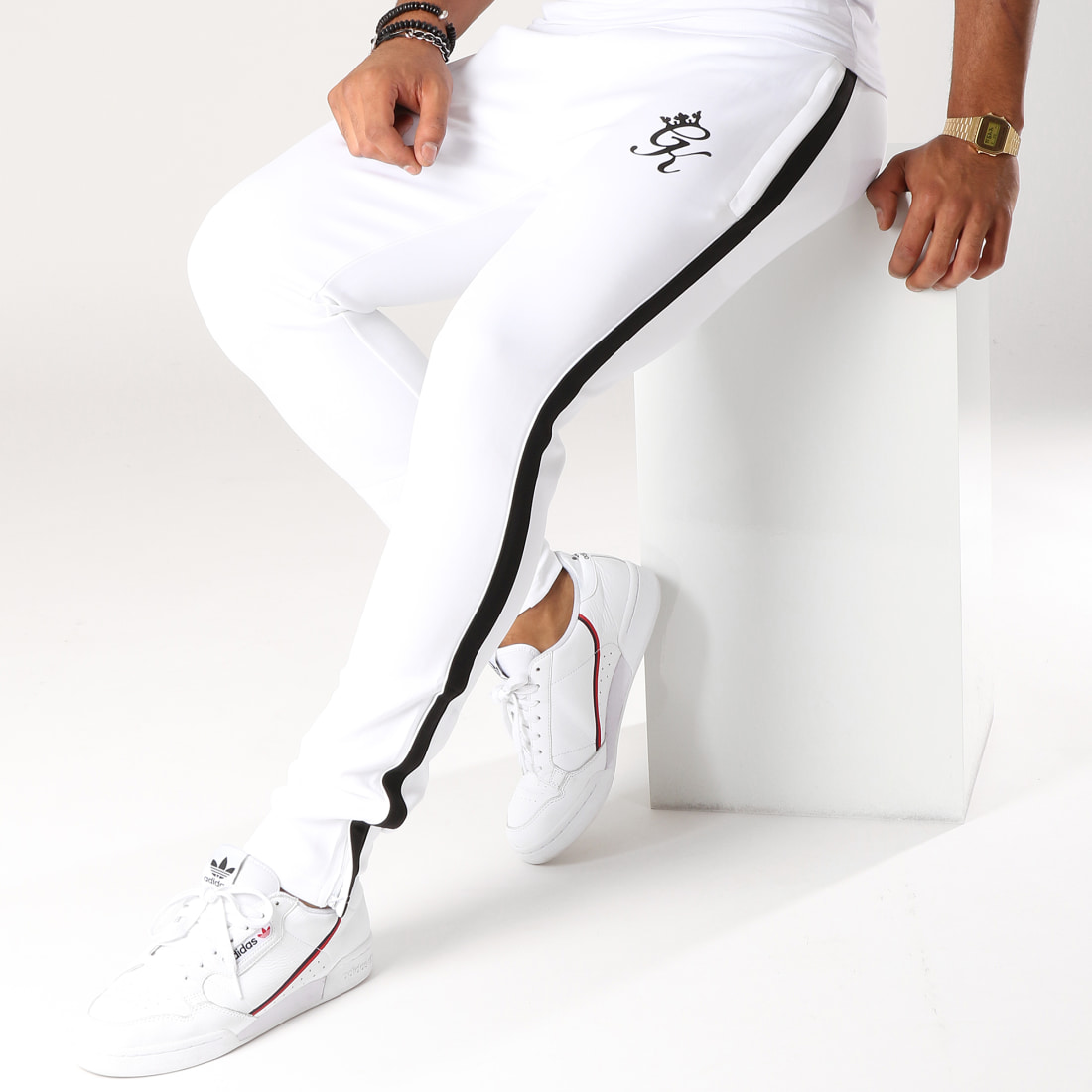 Gym King Pantalon Jogging Avec Bandes Ellis Poly Blanc Noir