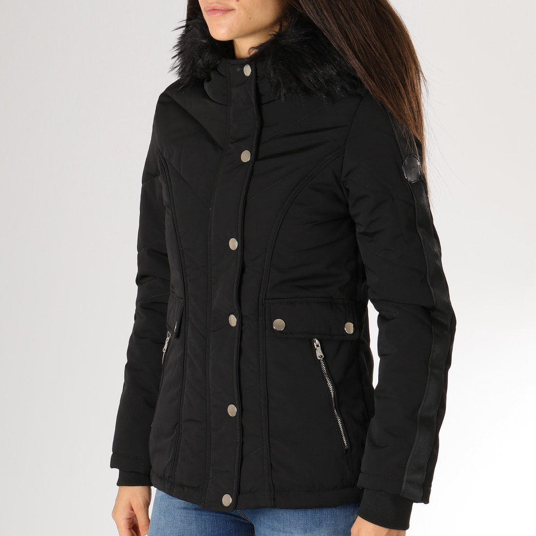 Project X - Parka Femme Fourrure Avec Bandes F185001 Noir ...