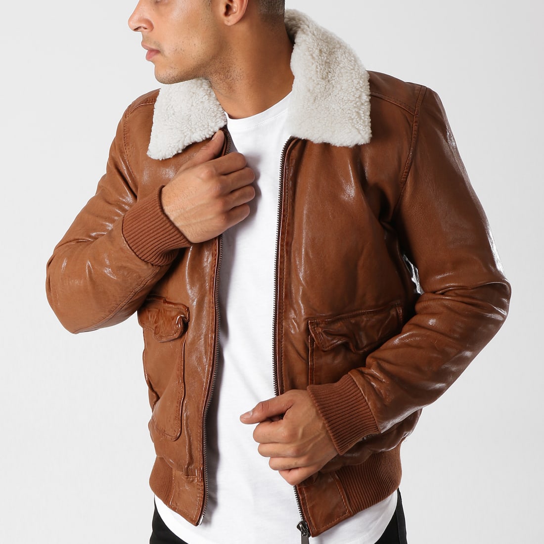 Redskins - Veste Cuir Col Mouton Pilot Janeiro Cognac ...