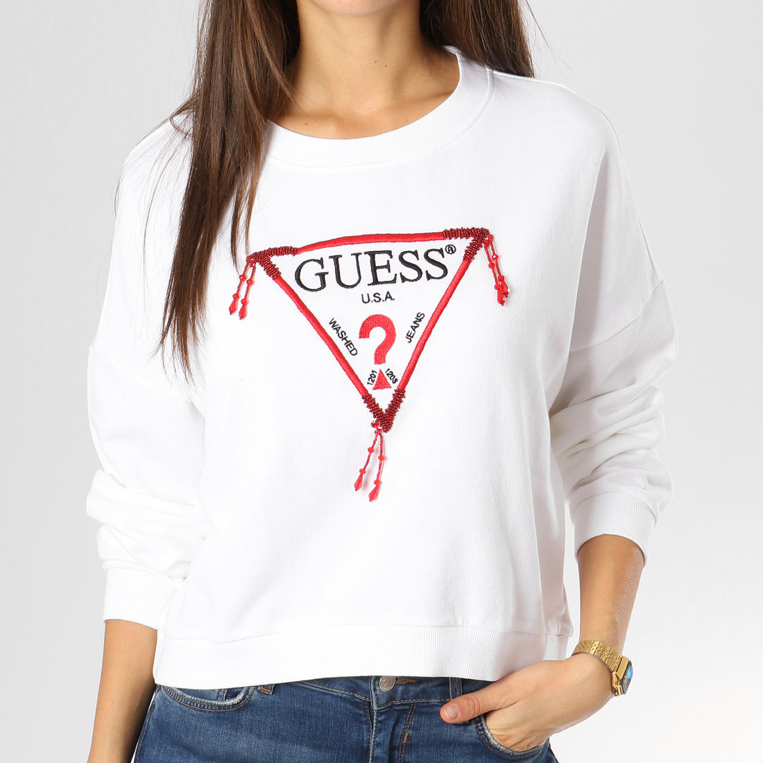 Guess Sweat Crewneck Femme Crop W91Q45K84T0 Blanc