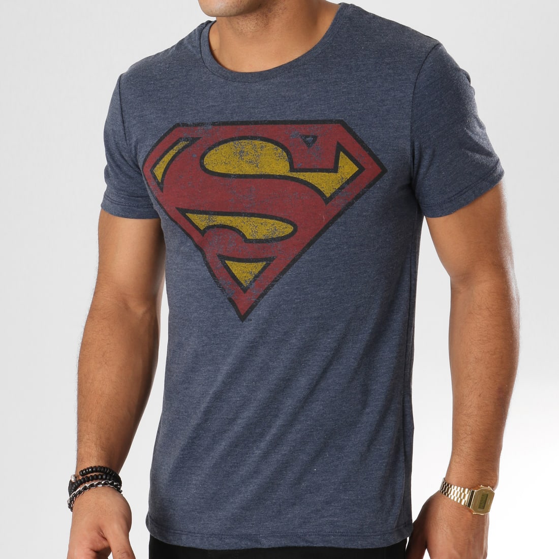 Dc Comics Tee Shirt Superman Logo Vintage Bleu Marine Chiné 3331