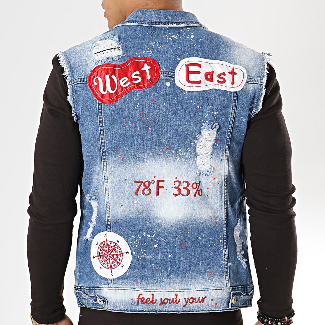 Black Needle Veste Jean Sans Manches Patchs Brodés 2592 Bleu Wash