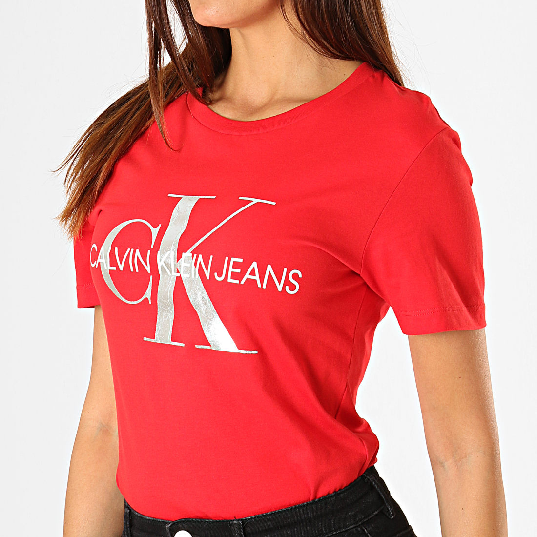 Calvin Klein Tee Shirt Femme Metallic Monogram 1508 Rouge Argenté Blanc