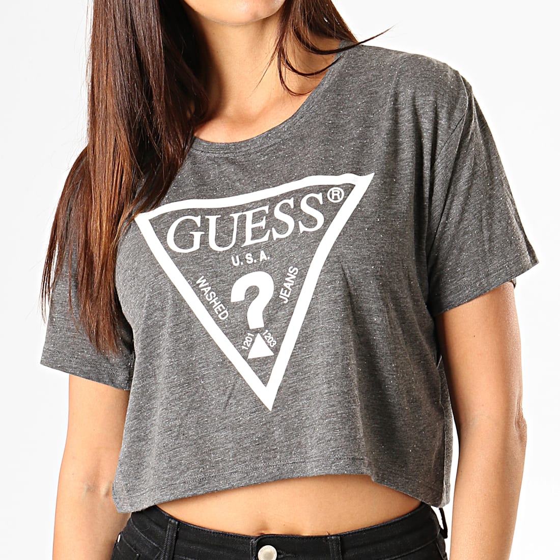 Tee Shirt Femme Plus Long Derriere Que Devant Guess - Tee Shirt Crop Femme O94A12-JR050 Gris Chiné Blanc