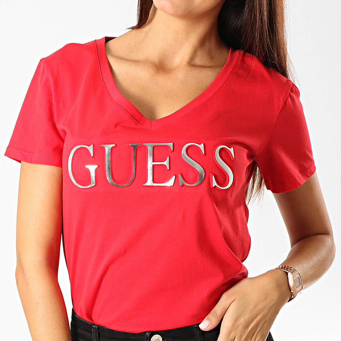 Guess Tee Shirt Col V Femme W94I62K7DN0 Rouge Argenté