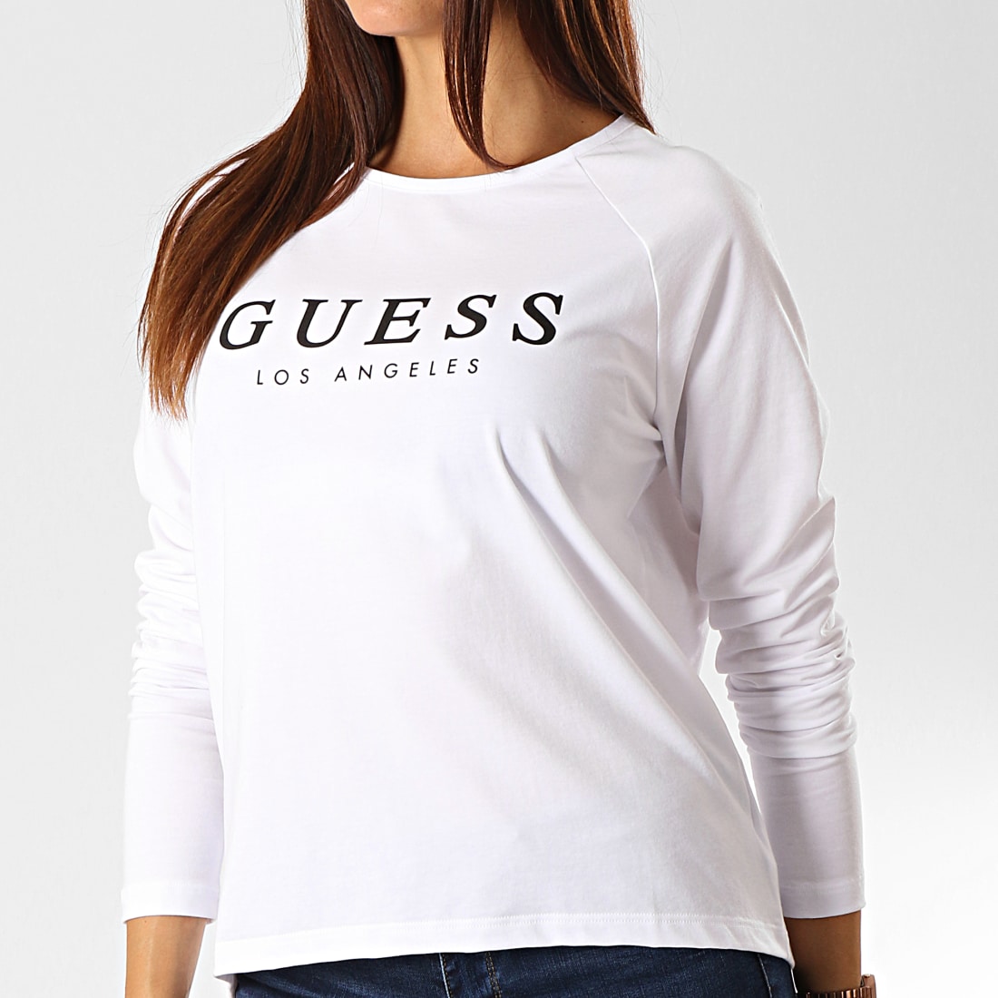 Tee Shirt Femme Plus Long Derriere Que Devant Guess - Tee Shirt Manches Longues Femme O94I08-JR05S Blanc