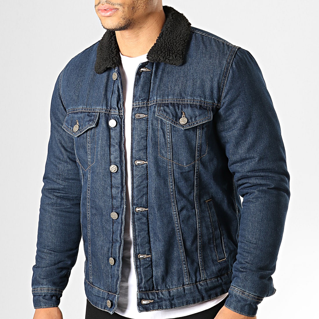 Only And Sons - Veste Jean Col Mouton Louis Bleu Brut Noir ...