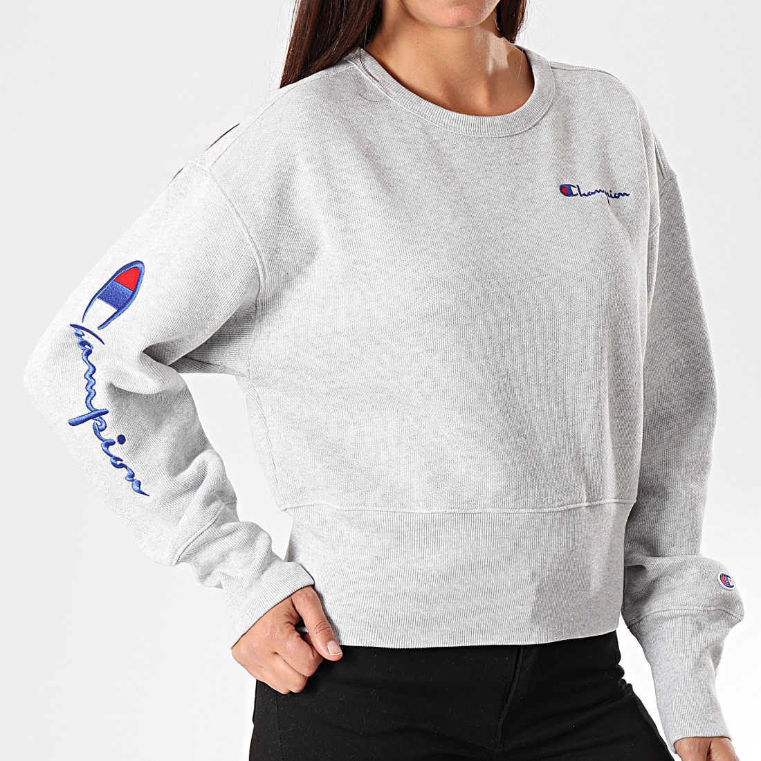 Champion - Sweat Crewneck Crop Femme 112235 Gris Chiné ...