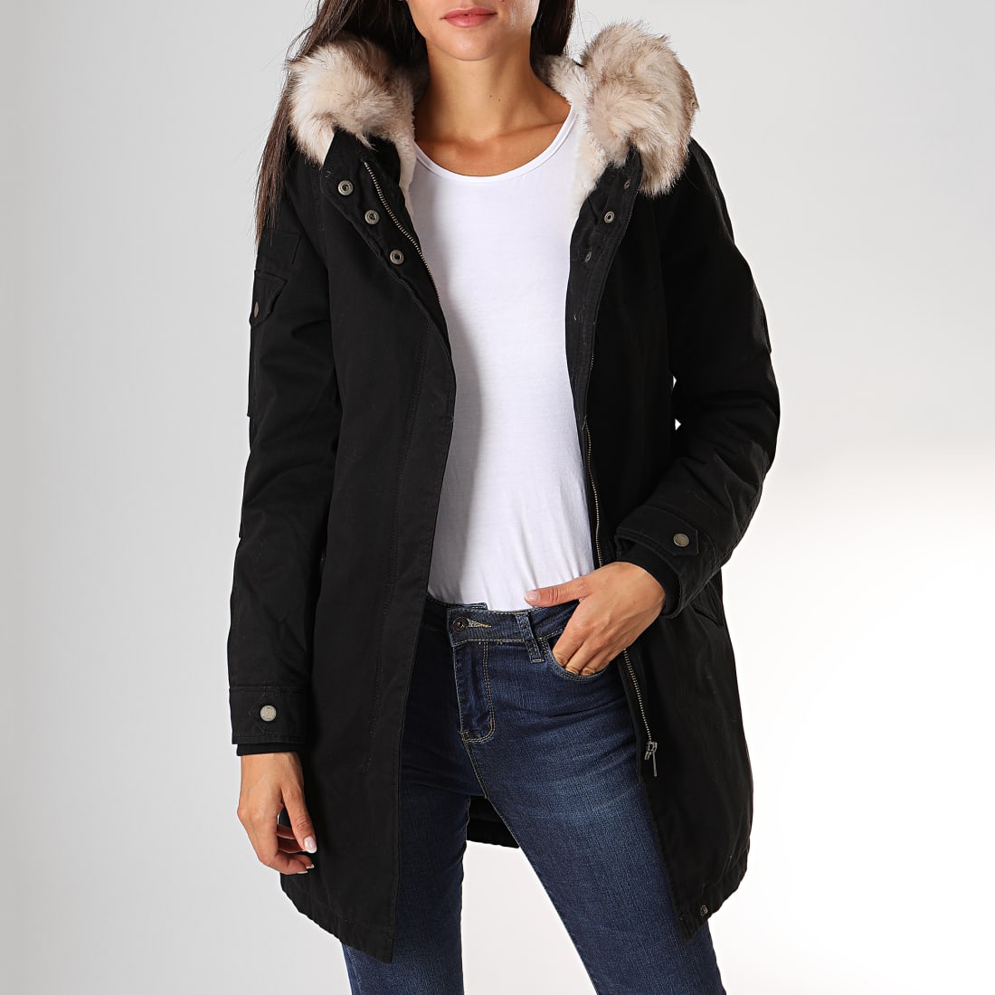 Only - Parka Fourrure Femme May Noir Beige ...