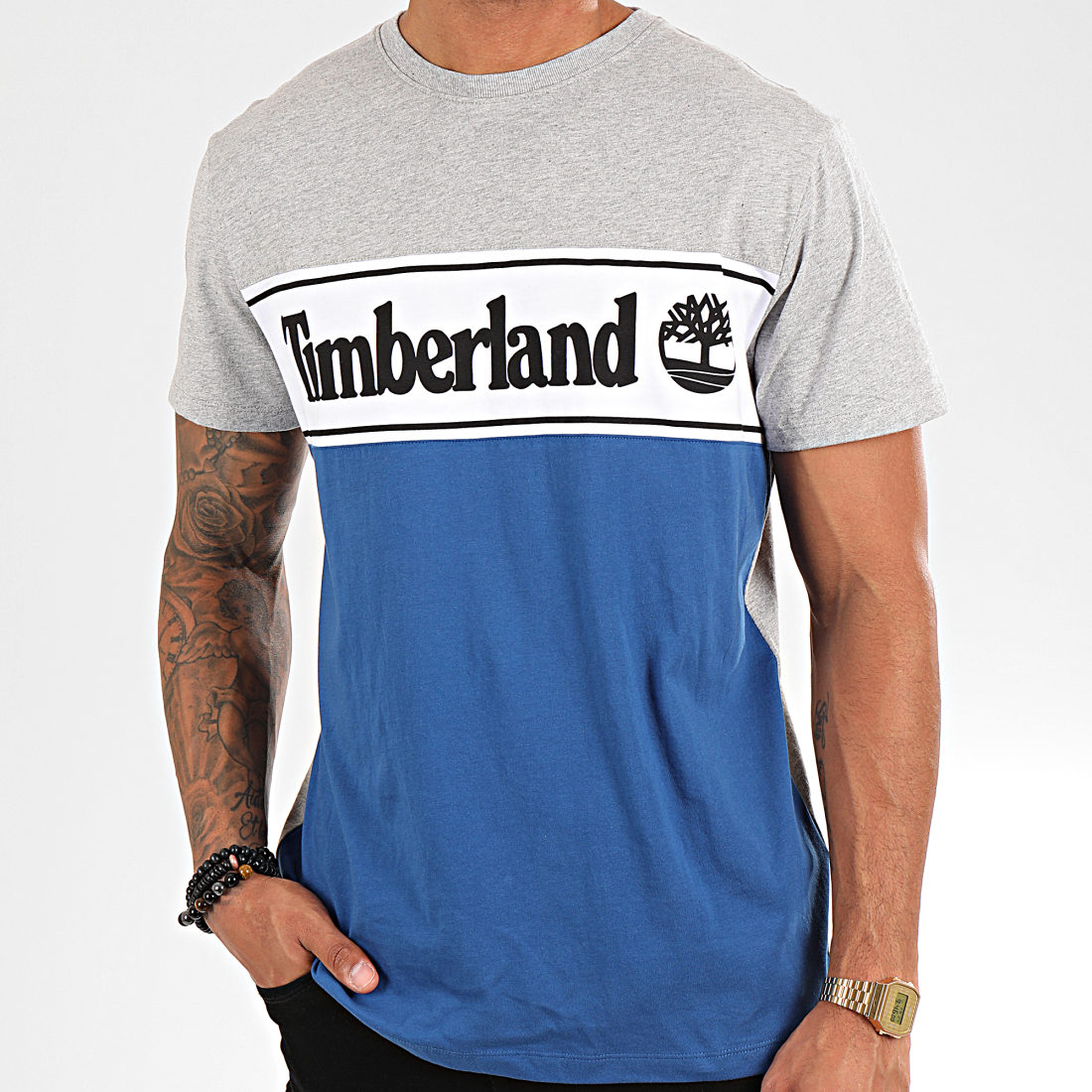 Timberland Tee Shirt Cut And Sew Logo 1OA4 Gris Chiné Bleu Blanc