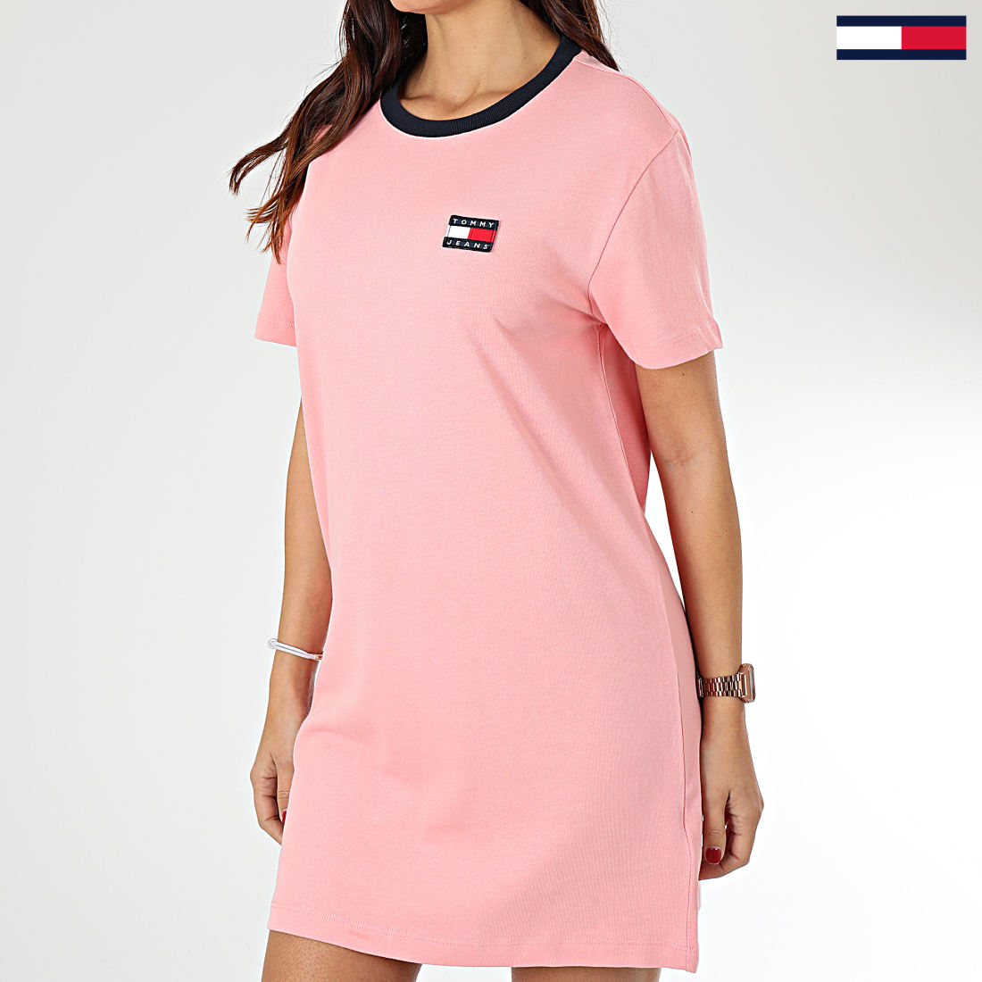 Tommy Hilfiger Robe Tee Shirt Femme Contrast Neck Rib 7595 Rose