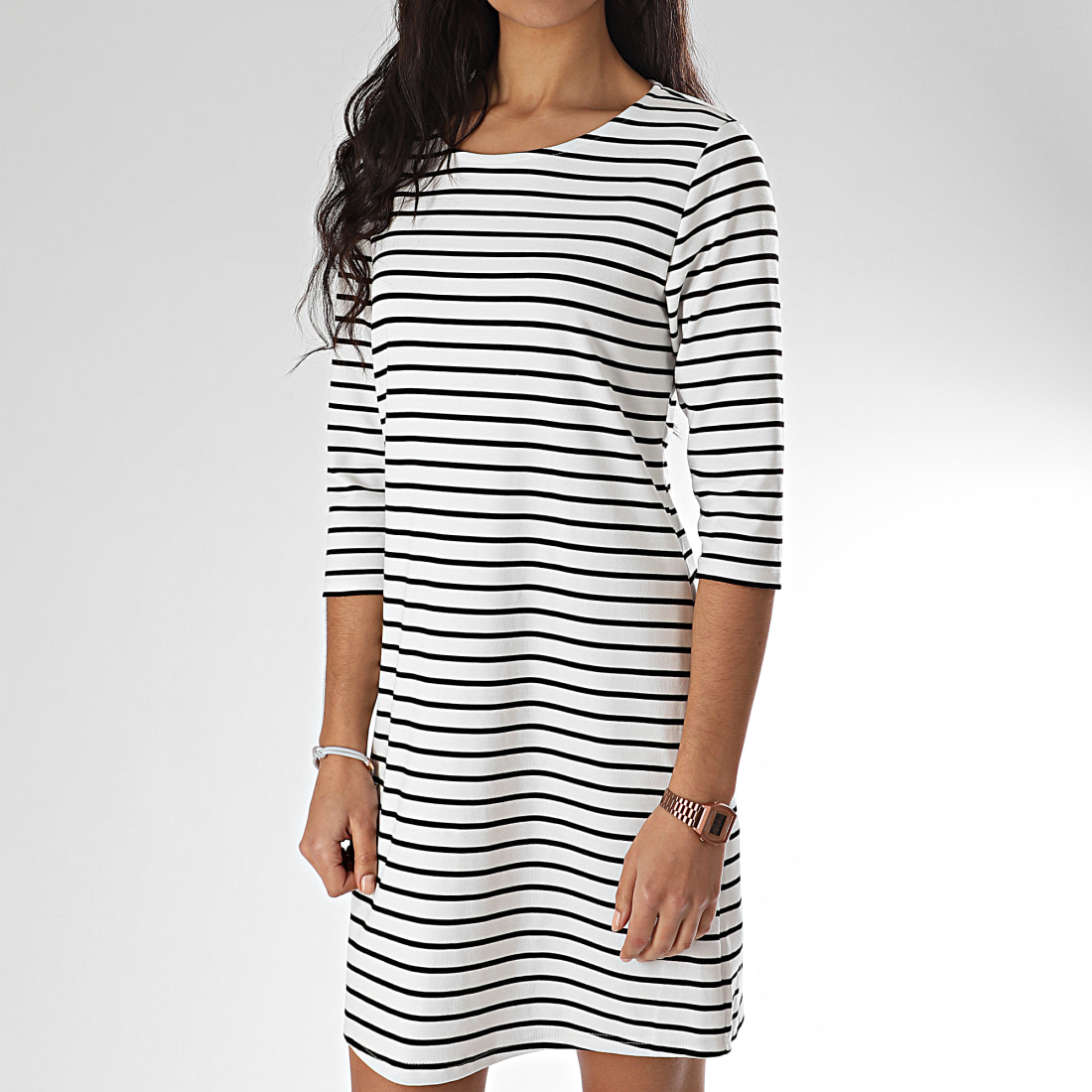 Only - Robe Femme A Rayures Brilliant 3-4 Blanc Noir - LaBoutiqueOfficielle.com