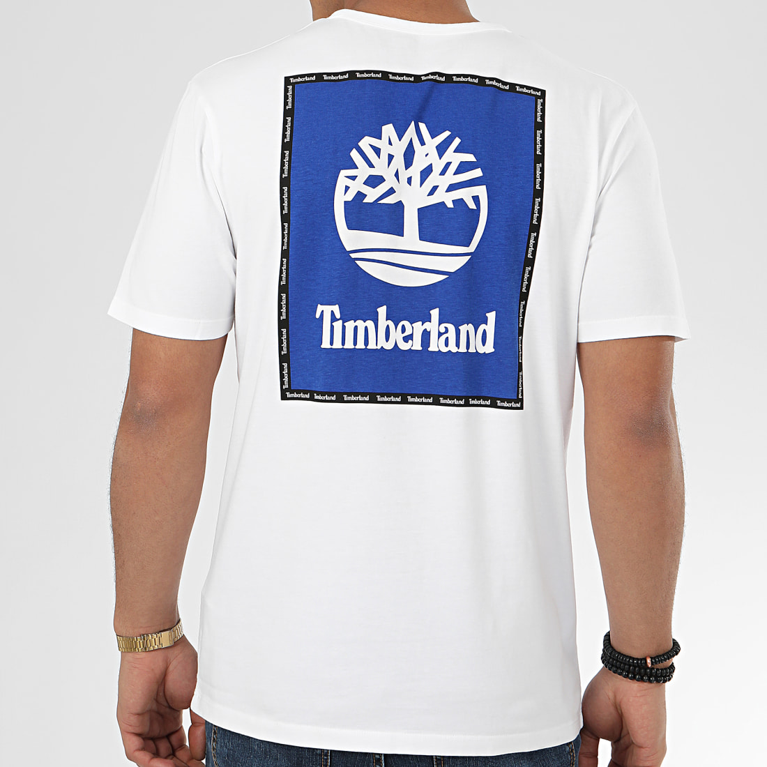 Timberland Tee Shirt Box Logo 22RP Blanc Bleu Roi