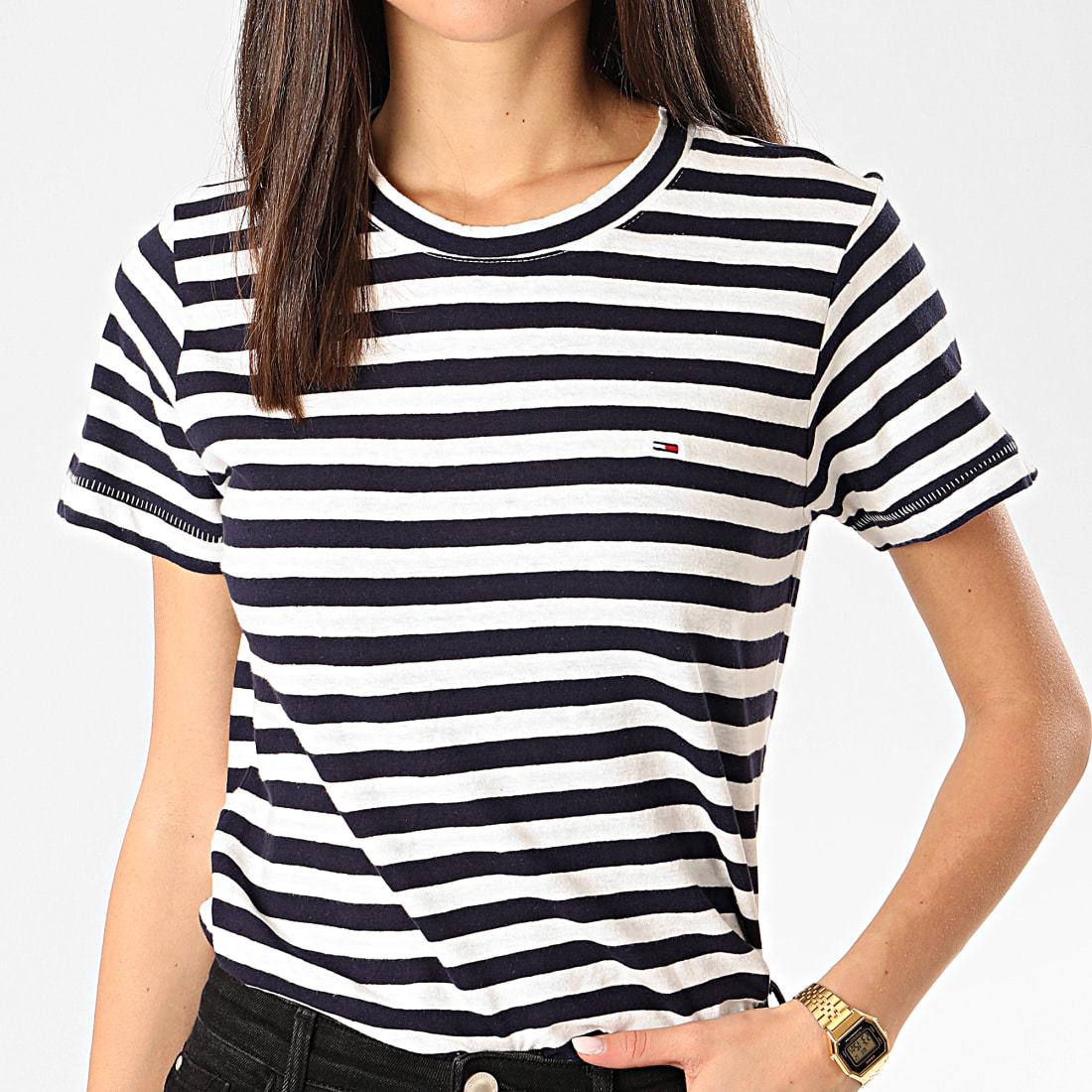 Tommy Jeans - Tee Shirt Femme A Rayures Textured Stripe 8011 Blanc Bleu ...
