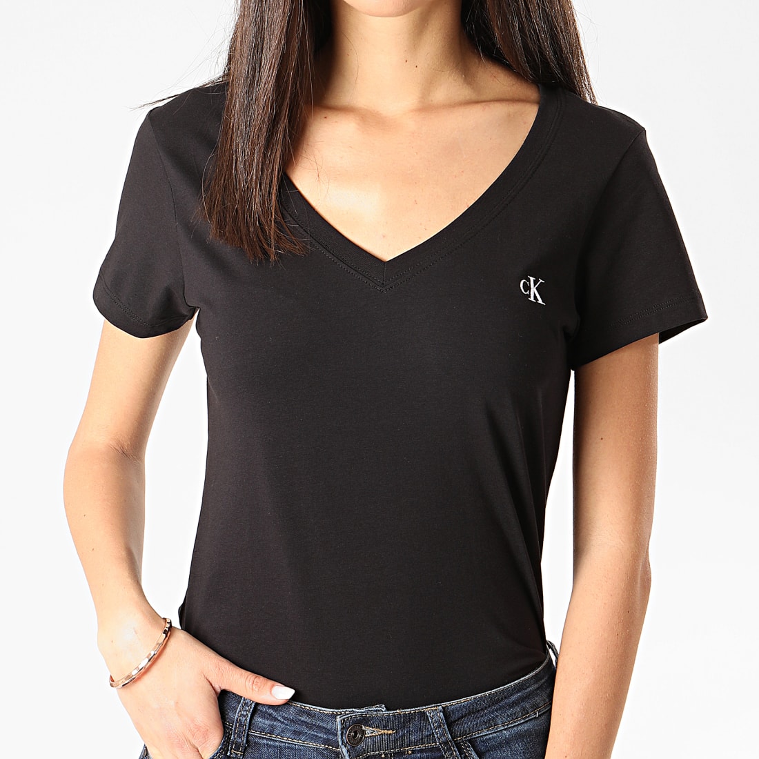 Calvin Klein - Tee Shirt Slim Femme Col V Embroidery Stretch 3716