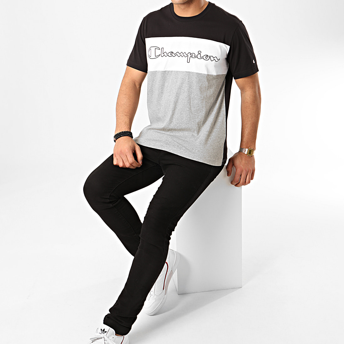 Champion - Tee Shirt 214244 Noir Gris Chiné ...