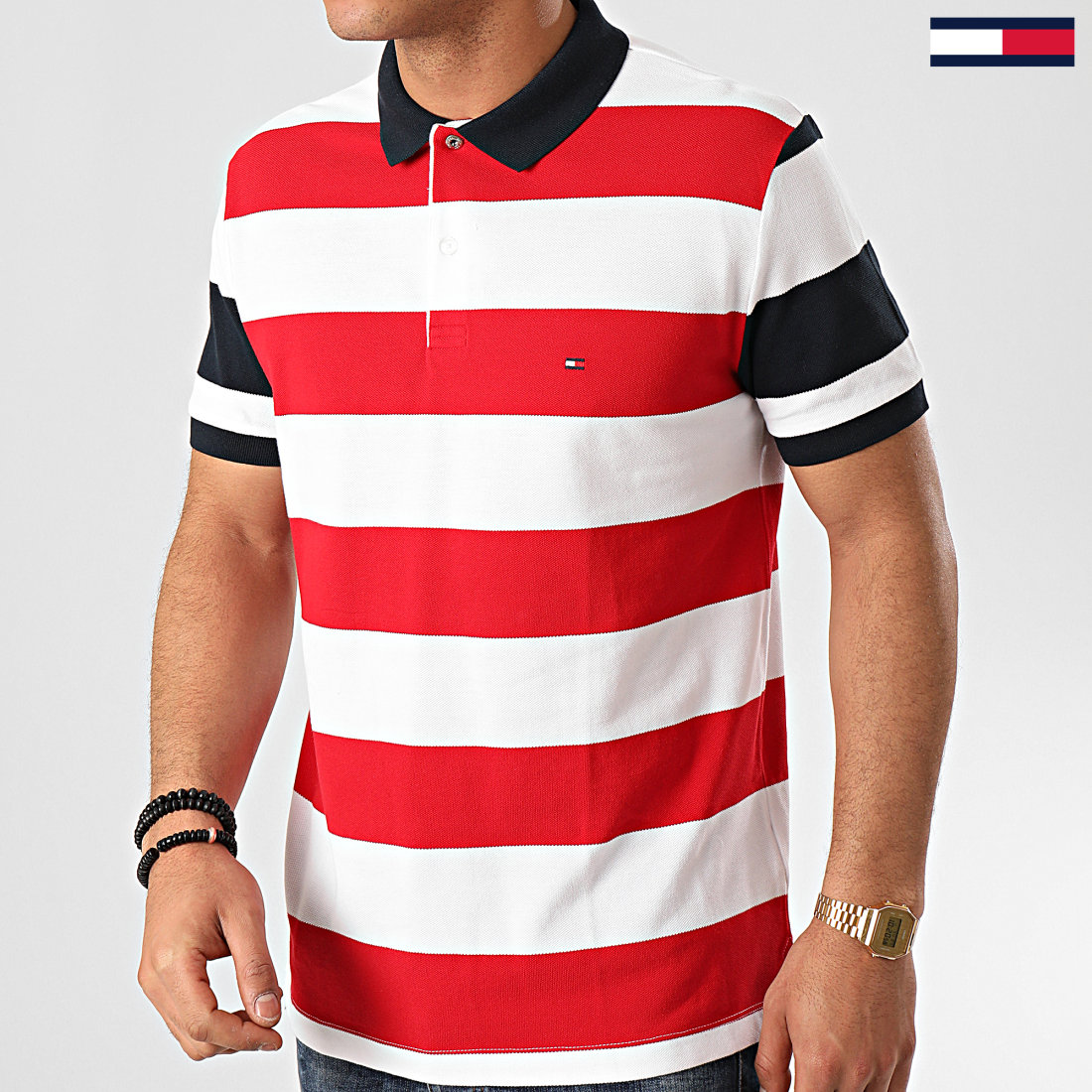 Tommy Hilfiger - Polo Manches Courtes A Rayures WCC Multi Block Stripe 1892  Blanc Rouge 