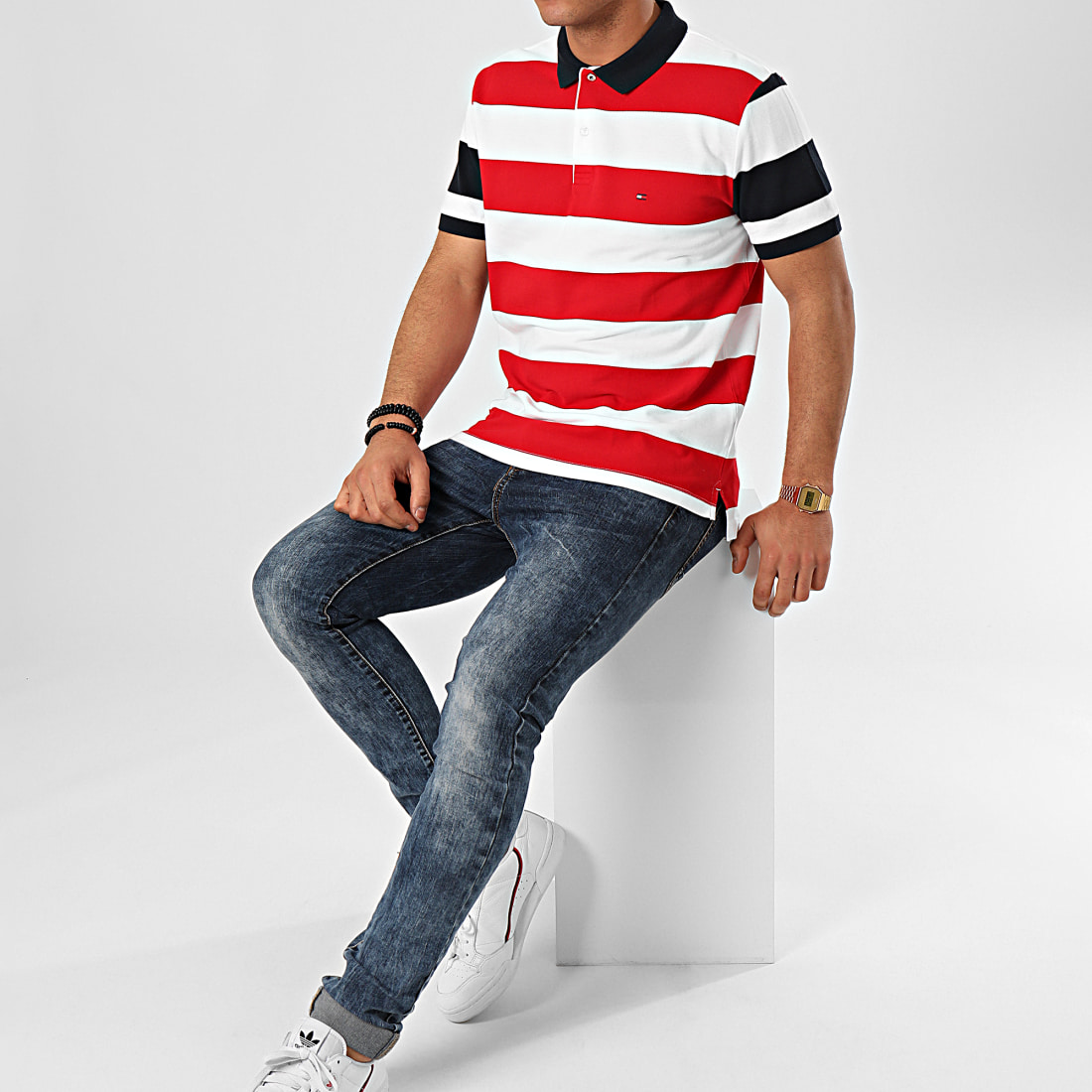 Tommy Hilfiger - Polo Manches Courtes A Rayures WCC Multi Block Stripe 1892  Blanc Rouge 