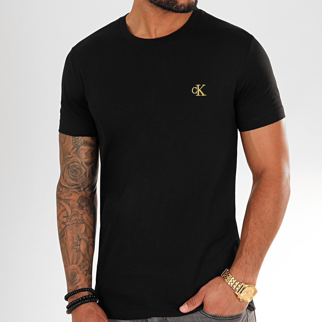 Calvin Klein Tee Shirt Essential Broderie Gold 7318 Noir Doré
