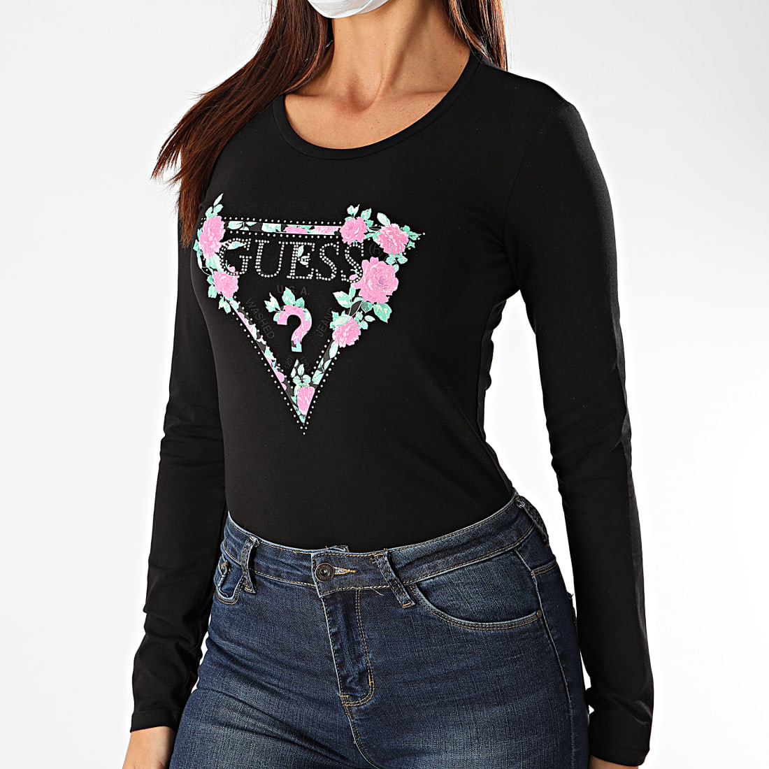 Guess Tee Shirt Manches Longues Femme Strass Floral W0YI83 J1300