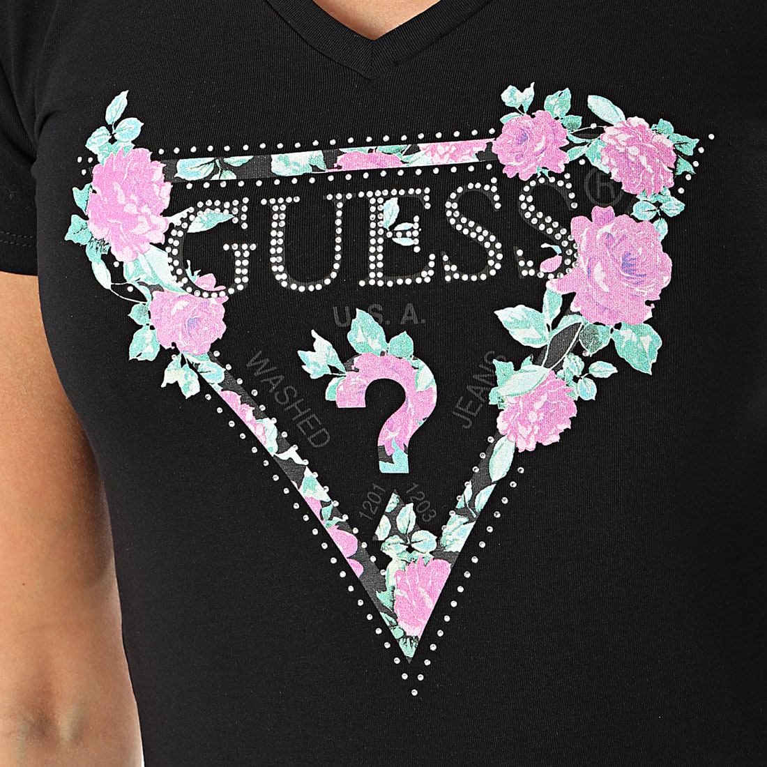 Guess Tee Shirt Slim Femme Avec Strass W0YI85 J1300 Noir Floral
