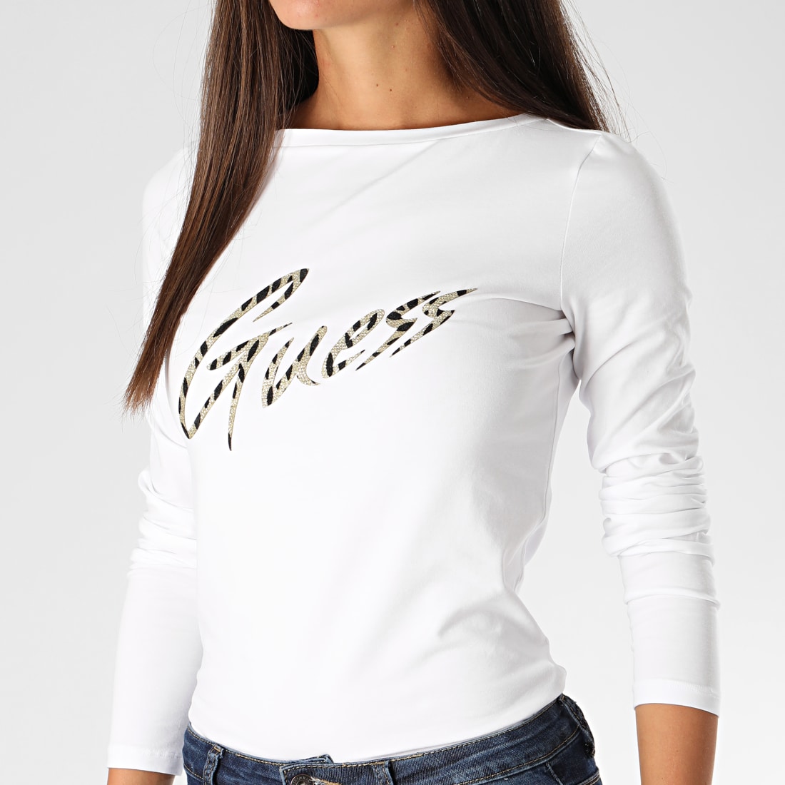 Guess Tee Shirt Femme Manches Longues W0BI89J1300 Blanc Doré