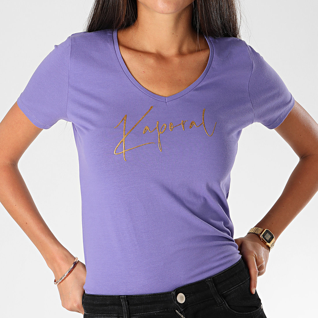 Kaporal Tee Shirt Slim Femme Col V Azis Mauve Doré