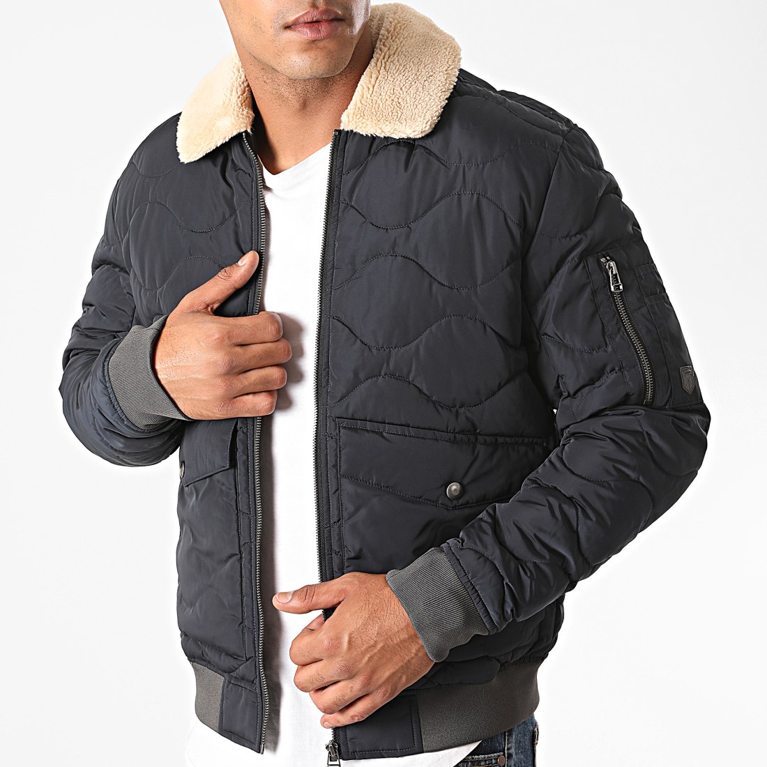 Jack And Jones - Bomber Col Fourrure Blutroy Bleu Marine ...