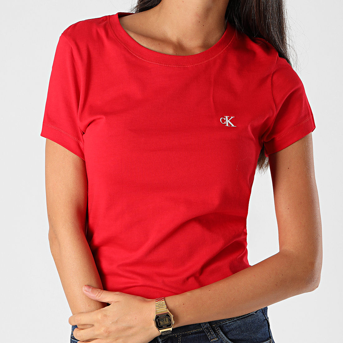 Calvin Klein - Tee Shirt Slim Femme Col V Embroidery Stretch 3716