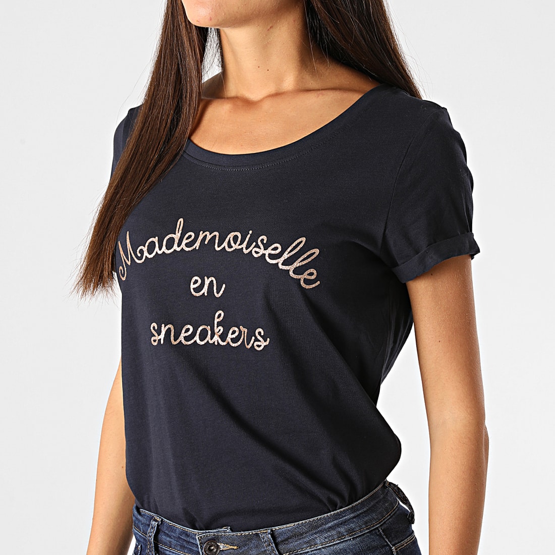 Only Tee Shirt Femme Sille Mademoiselle Bleu Marine Doré