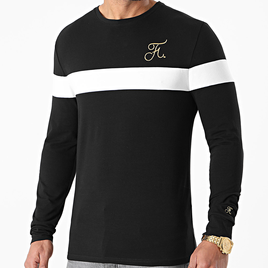Final Club Tee Shirt Manches Longues Bicolore Broderie Or 477 Noir