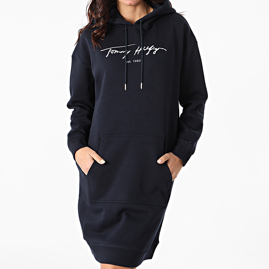 Tommy Hilfiger Robe Sweat Capuche Femme Script 0545 Bleu Marine