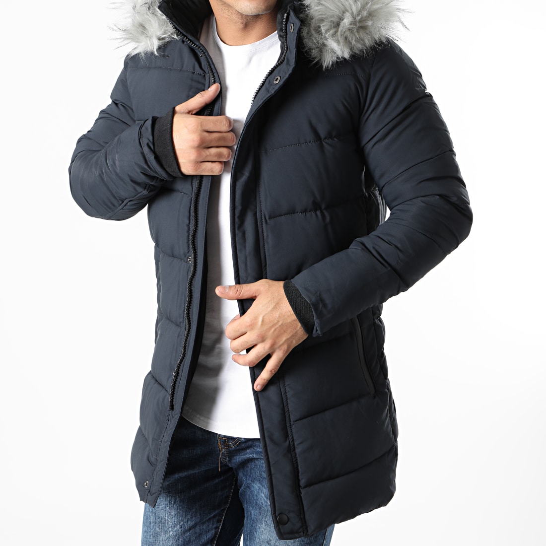 Doudoune capuche fourrure bleu hotsell