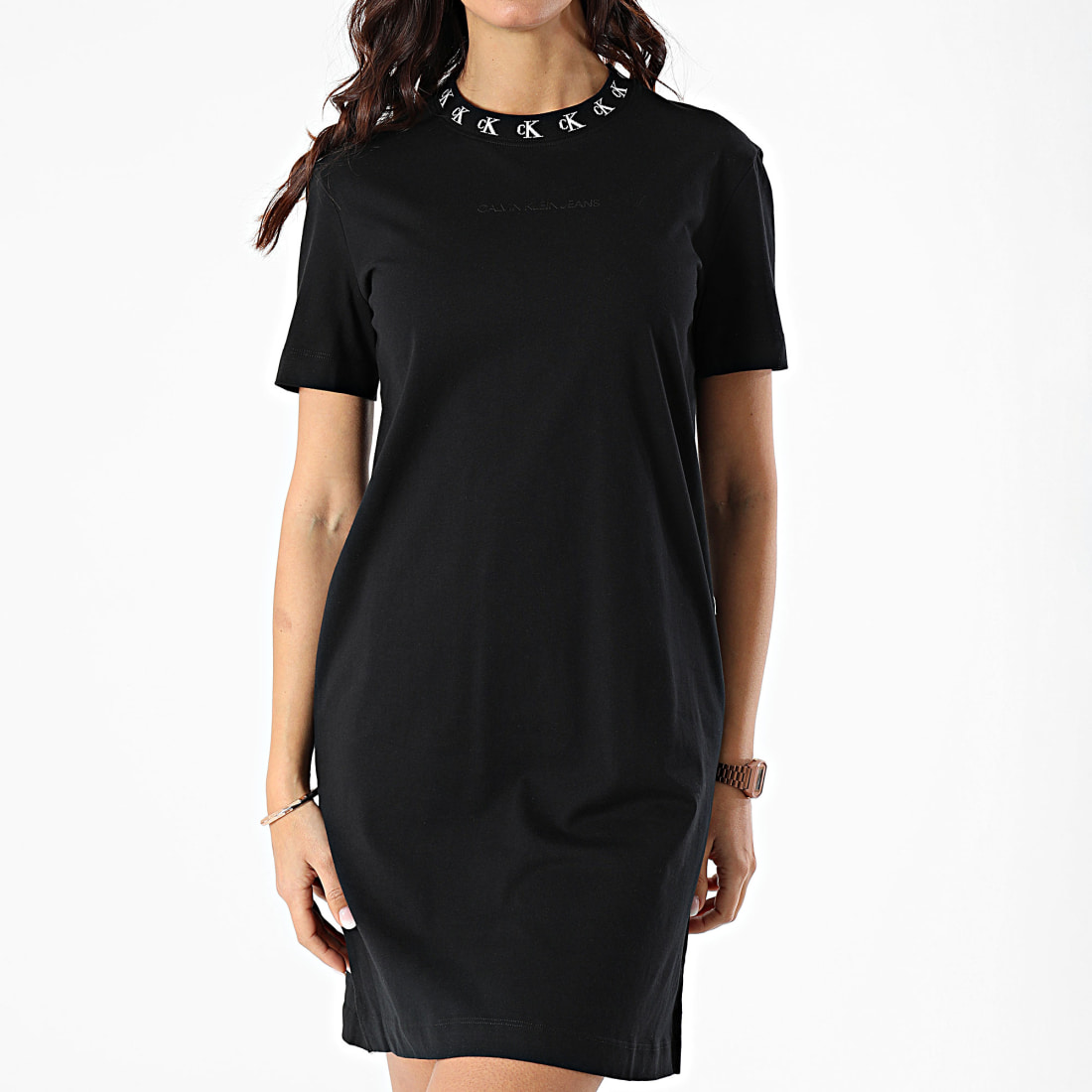 Calvin Klein Robe Tee Shirt Femme CK Logo Trim 4925 Noir