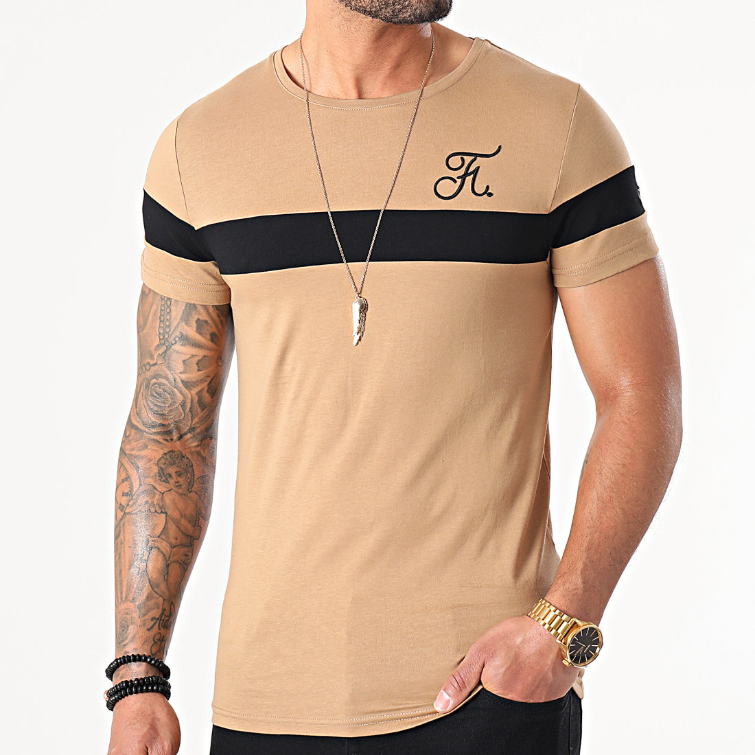 Final Club Tee Shirt Bicolore Avec Broderie 441 Noir Camel