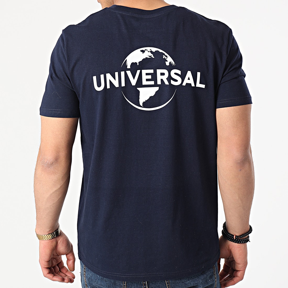 Universal Studio Tee Shirt Universal Logo Mono Back Bleu Marine Blanc
