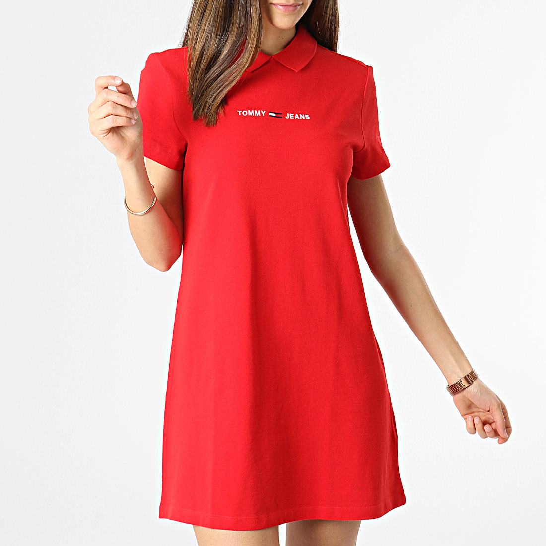 Tommy Jeans - Robe Polo Manches Courtes Femme Essential 0116 Rouge - LaBoutiqueOfficielle.com