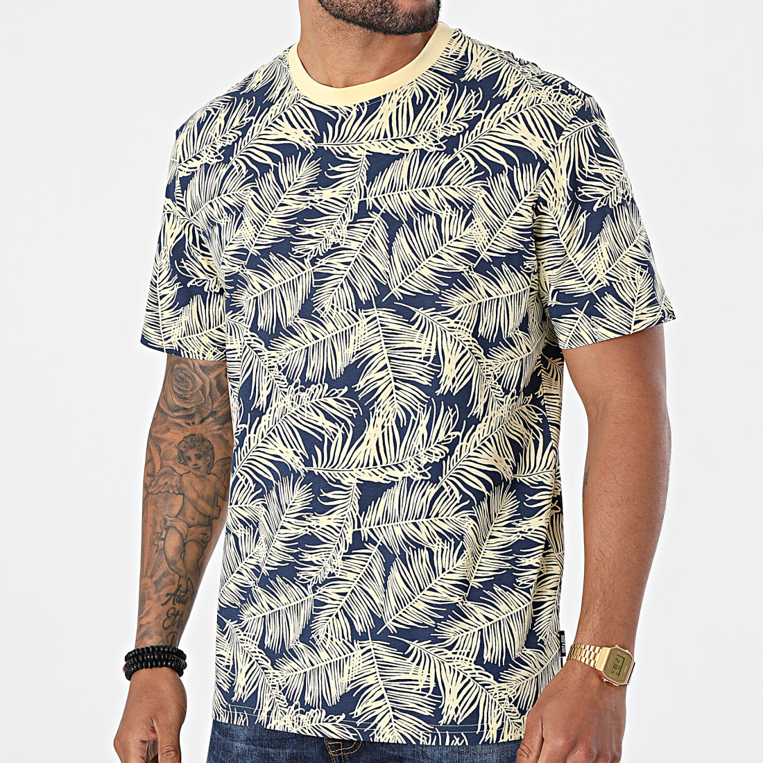 Only And Sons Tee Shirt Percival Life Bleu Marine Jaune Floral