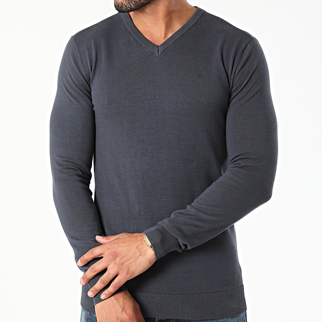 Pull col V Petrol Industries en coton bleu marine