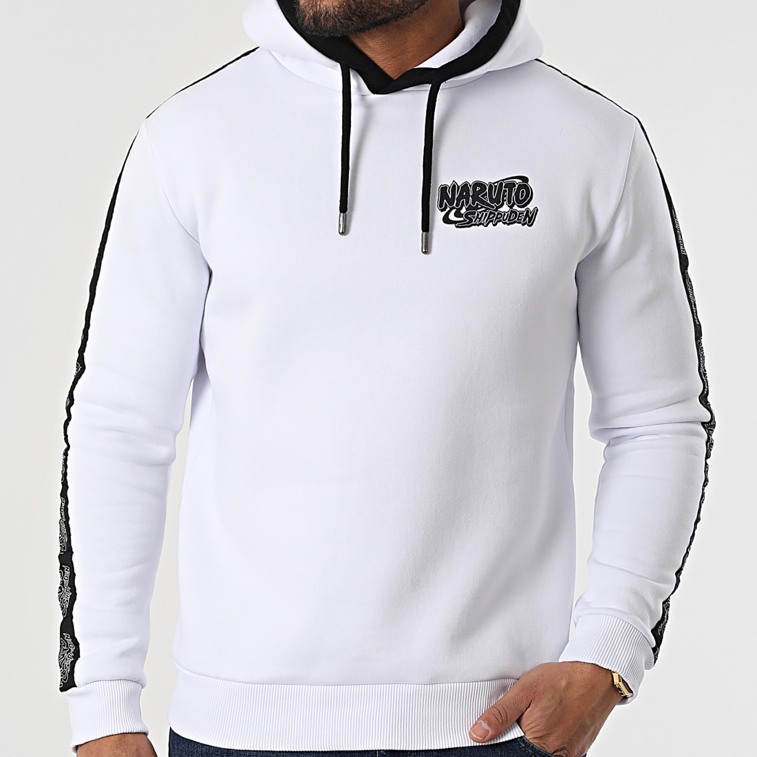 Naruto Sweat Capuche A Bandes Characters Back Blanc 