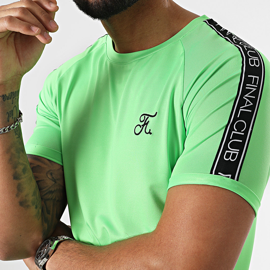 Final Club Tee Shirt Slim Fit Avec Bandes Et Broderie 731 Vert Fluo
