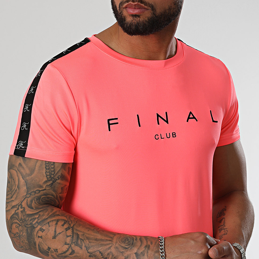 Final Club Tee Shirt A Bandes Logo Premium Fit 938 Rose Fluo