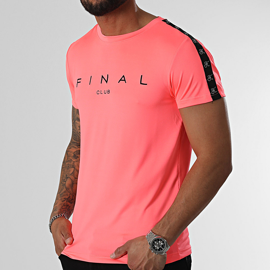 Final Club Tee Shirt A Bandes Logo Premium Fit 938 Rose Fluo