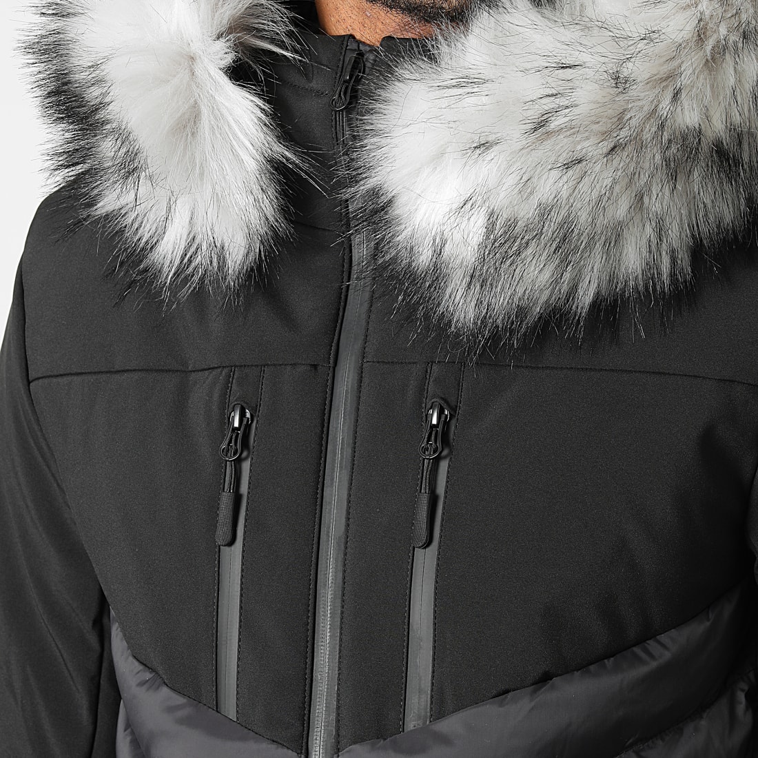 LBO Doudoune Capuche Tech Fitted Avec Fourrure Grise 0053 Noir