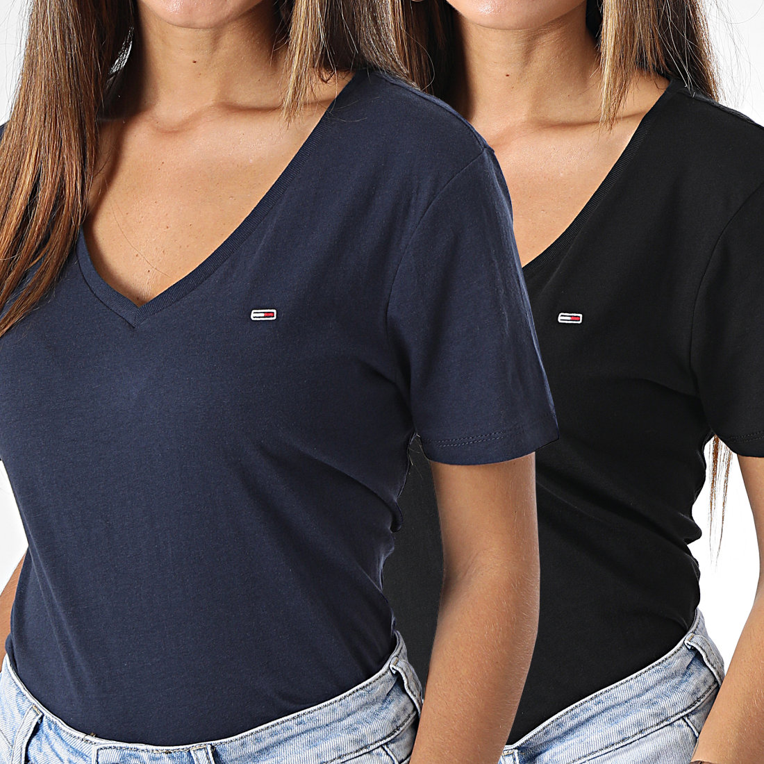 Tommy Jeans - Lot De 2 Tee Shirts Femme Col V Slim Soft 1458 Noir Bleu  Marine 
