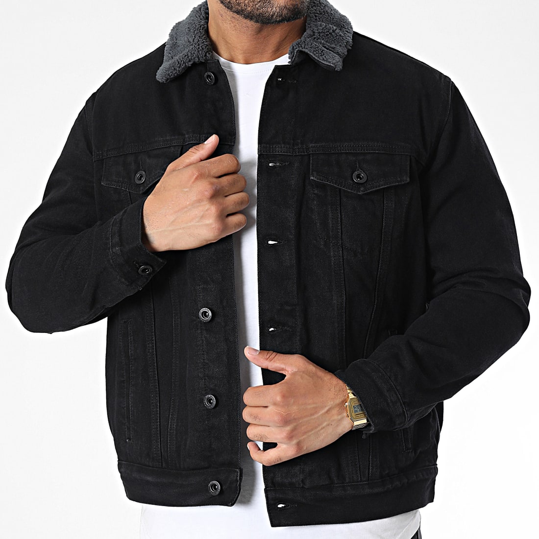 Veste en best sale jean moumoute noir